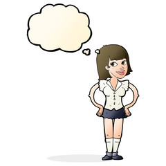 cartoon woman with hands on hips with thought bubble