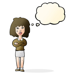 cartoon tough woman with folded arms with thought bubble