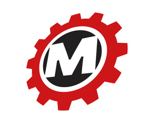 M red gear letter logo