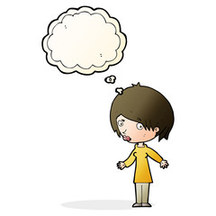 cartoon woman shrugging shoulders with thought bubble