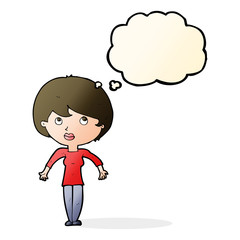 cartoon woman shrugging shoulders with thought bubble