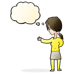 cartoon woman gesturing with thought bubble