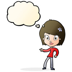 cartoon pretty woman pointing with thought bubble