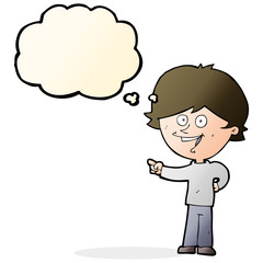 cartoon boy laughing and pointing with thought bubble