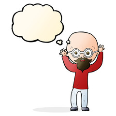 cartoon stressed bald man with thought bubble