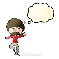 cartoon mustache man disco dancing with thought bubble