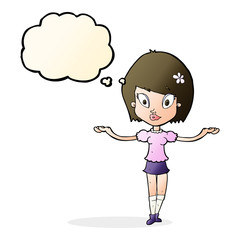 cartoon woman making balancing gesture with thought bubble