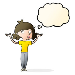 cartoon woman throwing arms in air with thought bubble