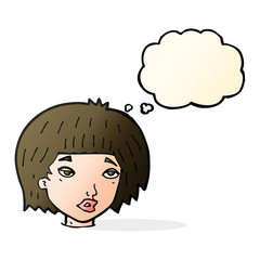 cartoon bored looking woman with thought bubble