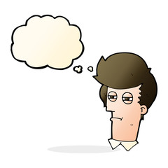 cartoon man with narrowed eyes with thought bubble