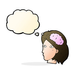 cartoon female head with brain symbol with thought bubble