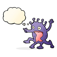 cartoon weird little alien with thought bubble