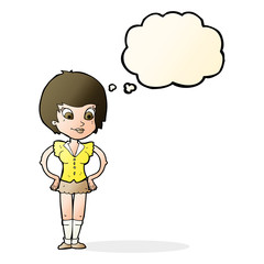 cartoon pretty woman with hands on hips with thought bubble