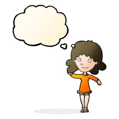 cartoon friendly woman waving with thought bubble