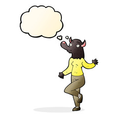 cartoon dancing werewolf woman with thought bubble