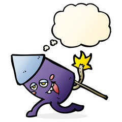 cartoon funny firework character with thought bubble