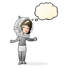 cartoon woman wearing astronaut helmet with thought bubble