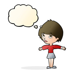 cartoon woman with open arms with thought bubble