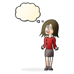 cartoon woman shrugging shoulders with thought bubble