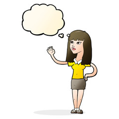 cartoon pretty woman waving with thought bubble