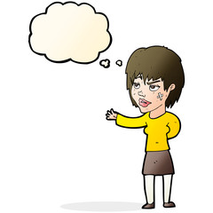 cartoon woman with sticking plaster on face with thought bubble