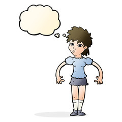 cartoon curious woman with thought bubble