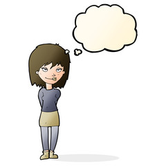 cartoon happy woman with thought bubble