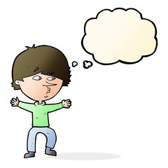 cartoon suspicious man with thought bubble