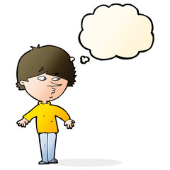 cartoon suspicious man looking over shoulder with thought bubble