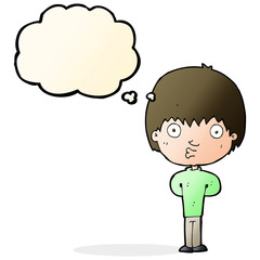 cartoon whistling boy with thought bubble