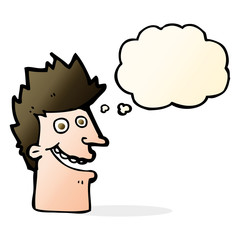 cartoon happy man face with thought bubble