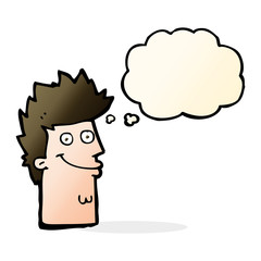 cartoon happy man face with thought bubble