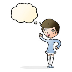 cartoon pretty woman waving with thought bubble