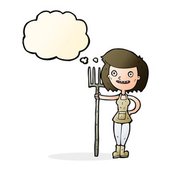 cartoon happy farmer girl with thought bubble