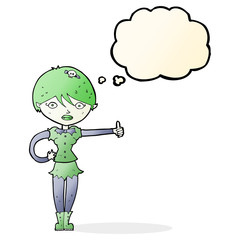 cartoon vampire girl giving thumbs up symbol with thought bubble