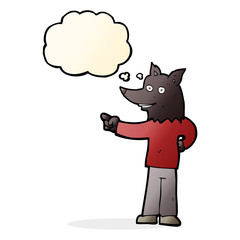 cartoon wolf man pointing with thought bubble