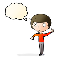 cartoon waving boy with thought bubble