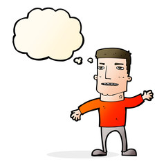 cartoon waving stressed man with thought bubble