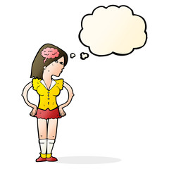 cartoon intelligent woman with thought bubble