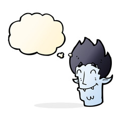 cartoon happy vampire head with thought bubble