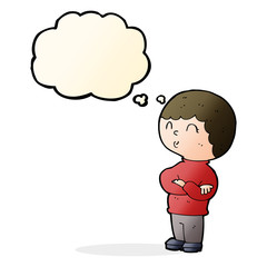 cartoon boy with folded arms with thought bubble