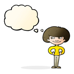 cartoon boy with hands on hips with thought bubble