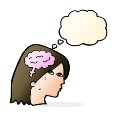 cartoon female head with brain symbol with thought bubble