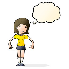 cartoon woman looking sideways with thought bubble