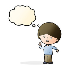 cartoon unhappy boy giving peace sign with thought bubble