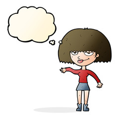 cartoon smug woman making dismissive gesture with thought bubble