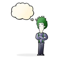 cartoon vampire man with thought bubble