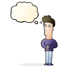 cartoon jaded man with thought bubble