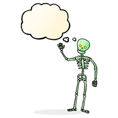 cartoon waving skeleton with thought bubble