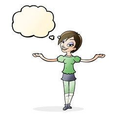 cartoon woman making open arm gesture with thought bubble